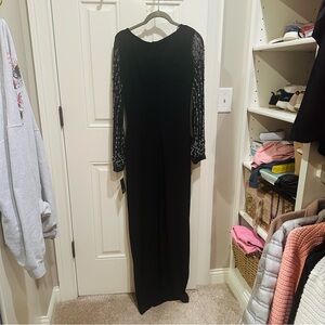 Black Long-Sleeve Evening floor length gown with Beaded Sheer sleeves